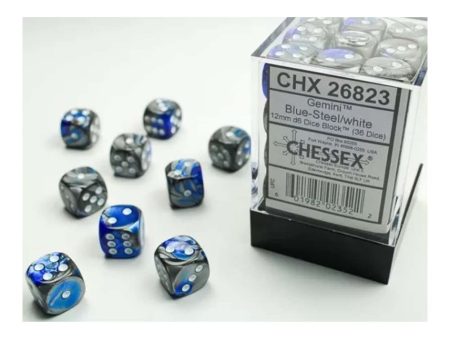 Chessex - Gemini 12mm d6(36 Dice) Blue-Steel White Hot on Sale