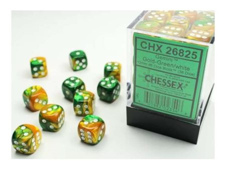 Chessex - Gemini 12mm d6(36 Dice) Gold-Green White Hot on Sale