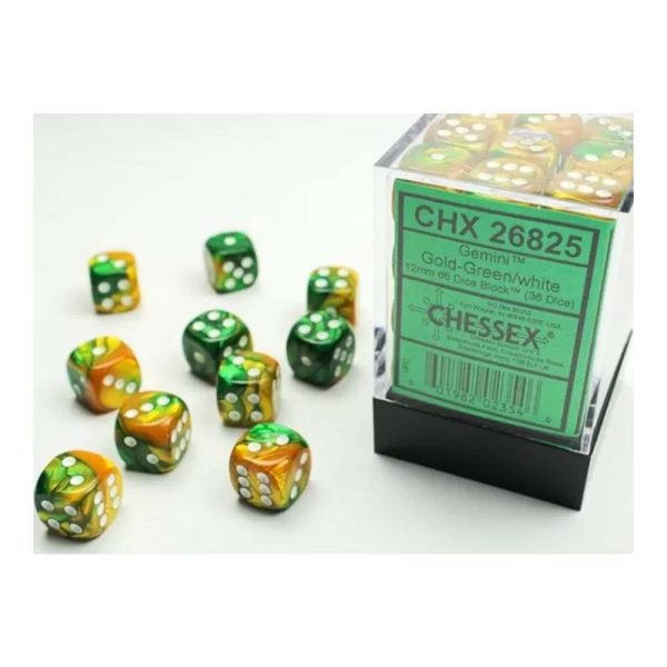 Chessex - Gemini 12mm d6(36 Dice) Gold-Green White Hot on Sale